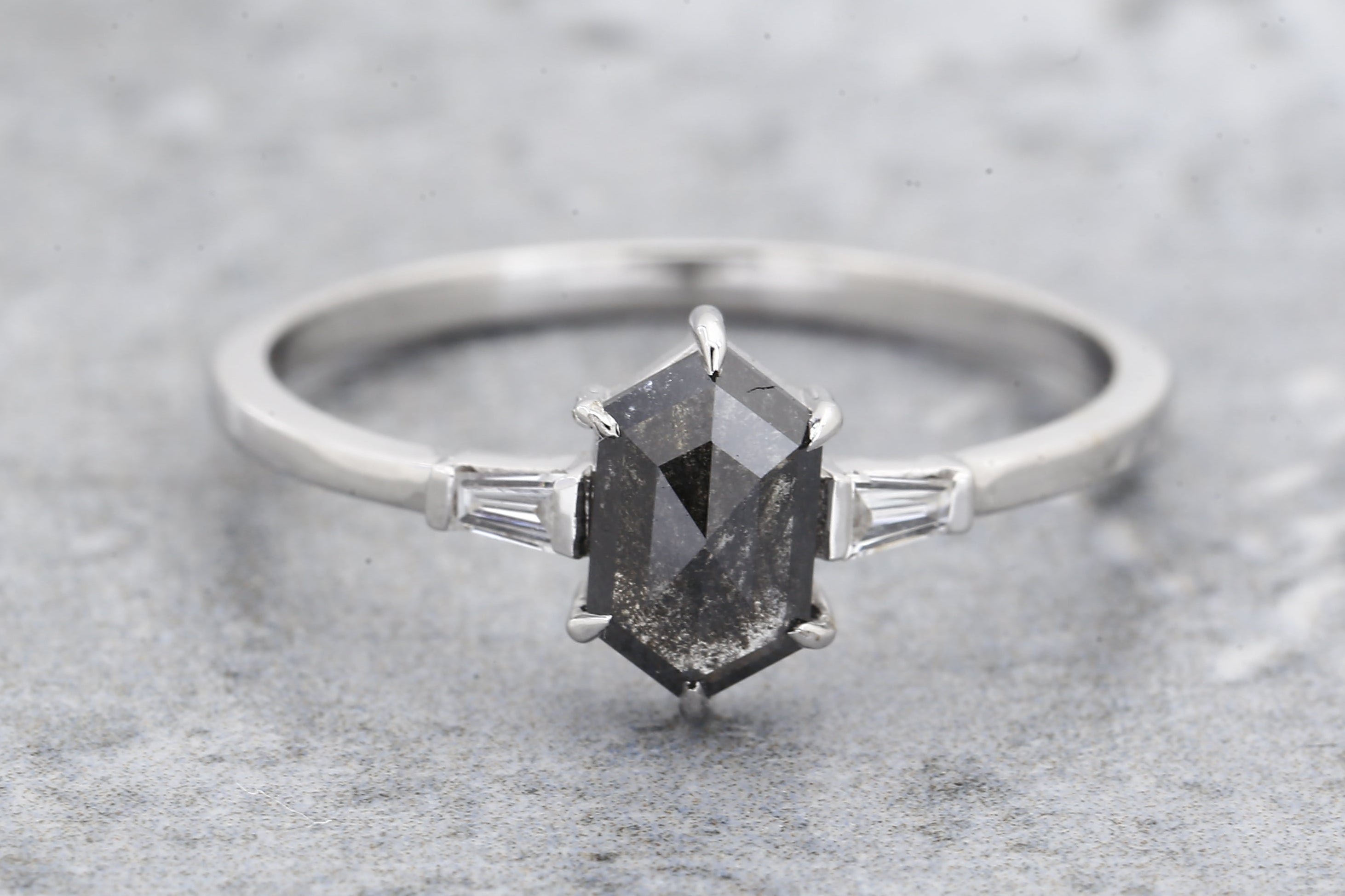 Salt and Pepper Diamond Ring, 14K Gold Engagement Ring, Natural Hexagon Gray Diamond Ring, Gift for Her