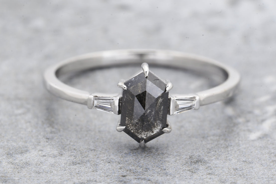 Salt and Pepper Diamond Ring, 14K Gold Engagement Ring, Natural Hexagon Gray Diamond Ring, Gift for Her