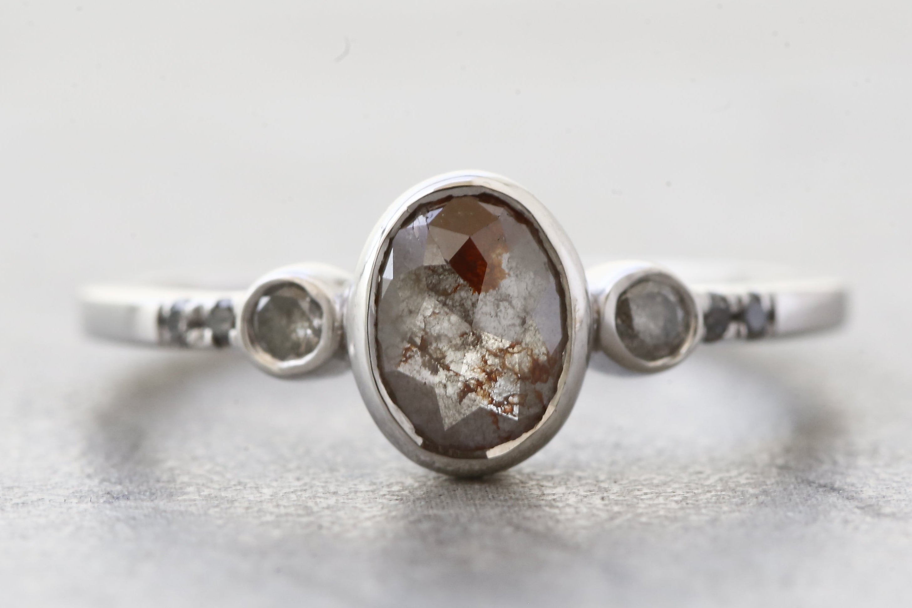 Salt and Pepper Diamond Ring, 14K Gold Engagement Ring, Natural Gray Oval Diamond Bezel Ring, Unique Gift for Her