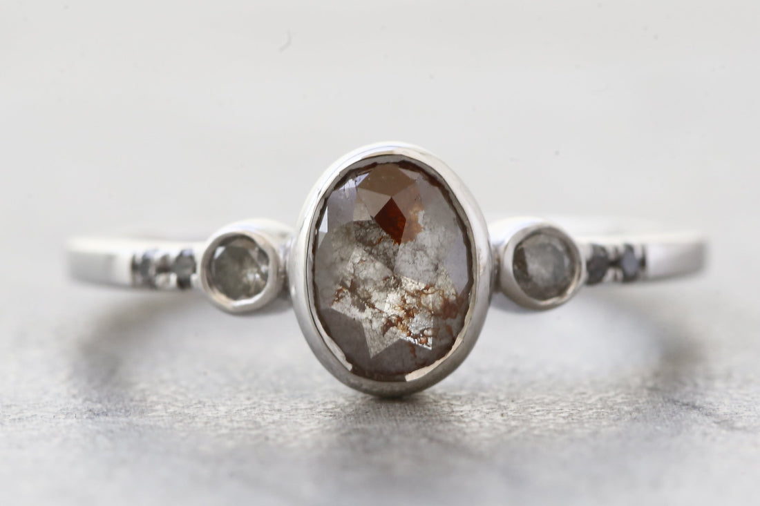 Salt and Pepper Diamond Ring, 14K Gold Engagement Ring, Natural Gray Oval Diamond Bezel Ring, Unique Gift for Her