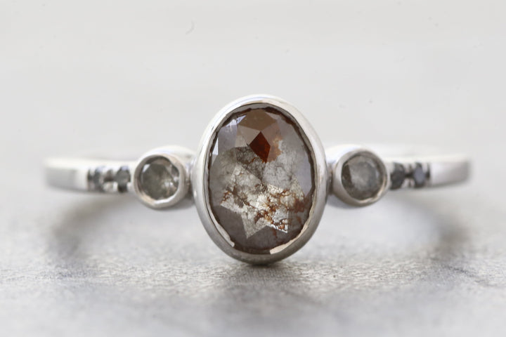 Salt and Pepper Diamond Ring, 14K Gold Engagement Ring, Natural Gray Oval Diamond Bezel Ring, Unique Gift for Her