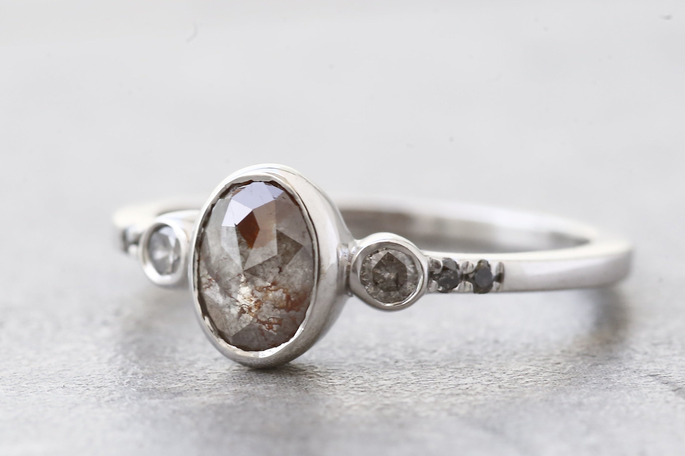 Salt and Pepper Diamond Ring, 14K Gold Engagement Ring, Natural Gray Oval Diamond Bezel Ring, Unique Gift for Her