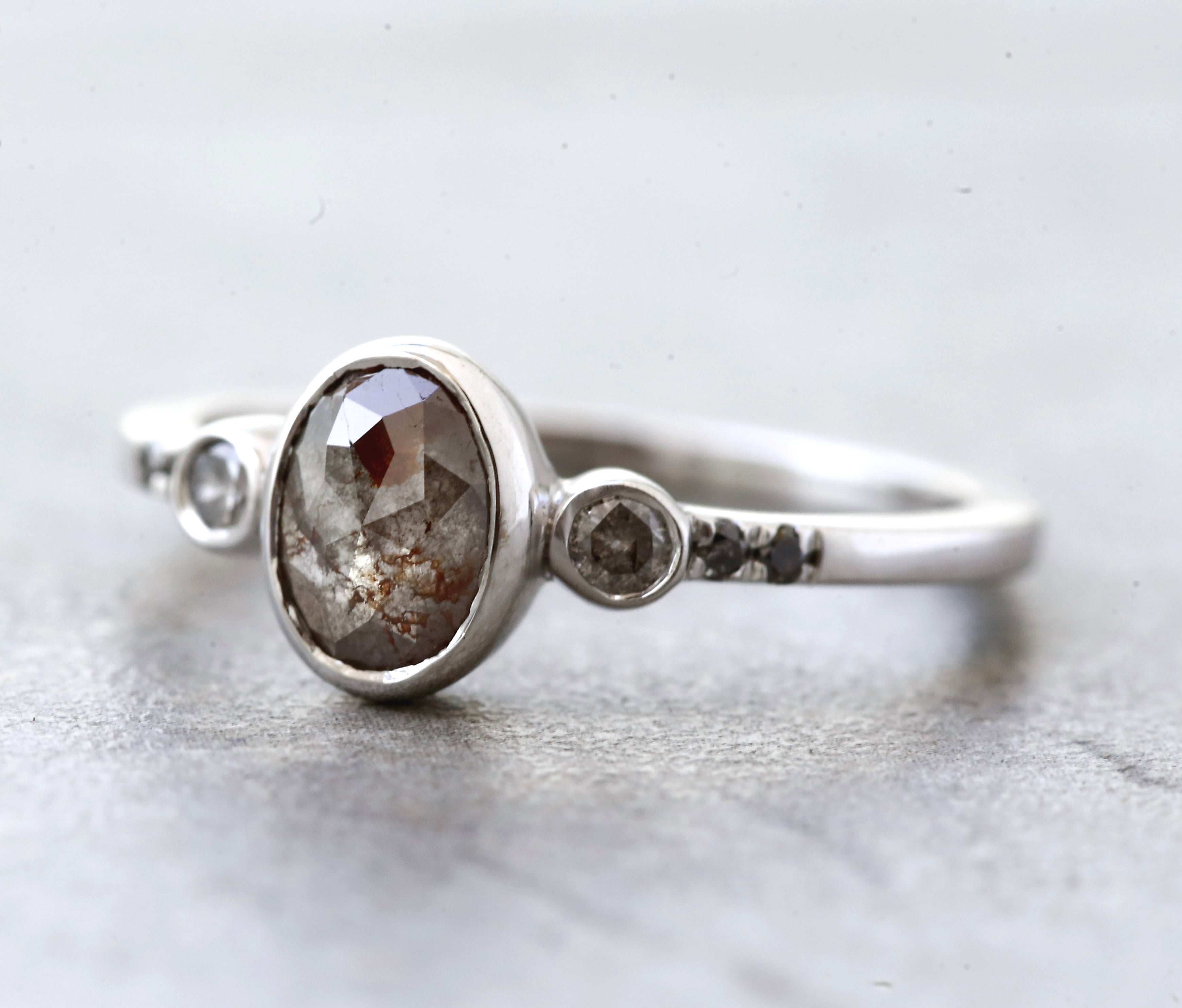 Salt and Pepper Diamond Ring, 14K Gold Engagement Ring, Natural Gray Oval Diamond Bezel Ring, Unique Gift for Her