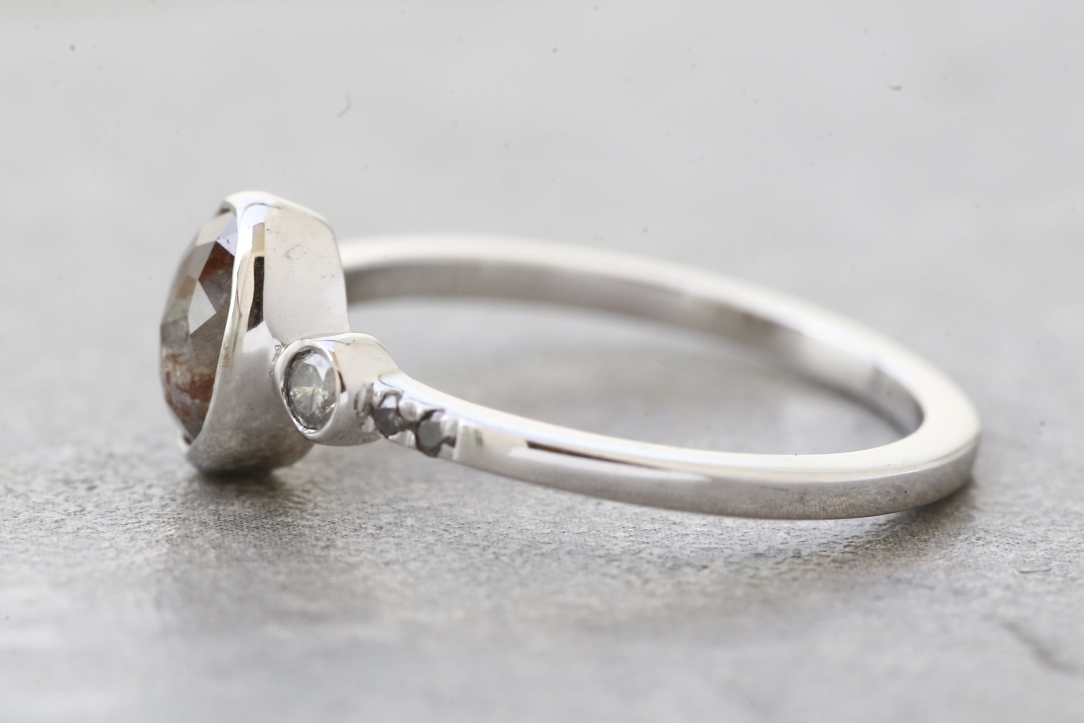 Salt and Pepper Diamond Ring, 14K Gold Engagement Ring, Natural Gray Oval Diamond Bezel Ring, Unique Gift for Her