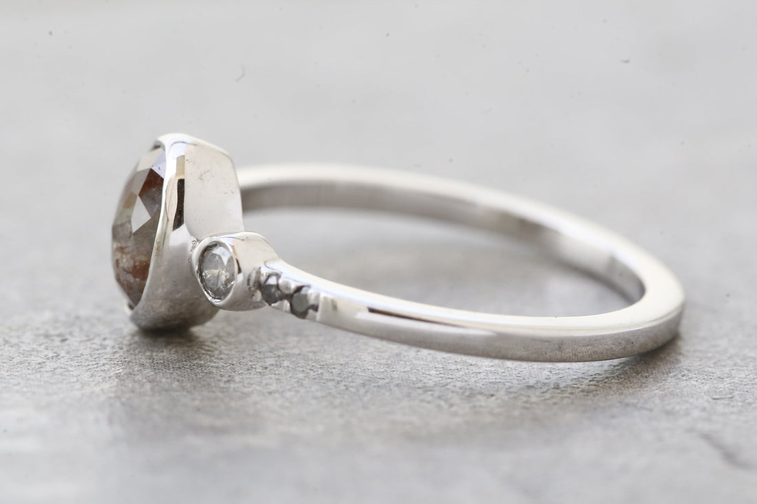 Salt and Pepper Diamond Ring, 14K Gold Engagement Ring, Natural Gray Oval Diamond Bezel Ring, Unique Gift for Her