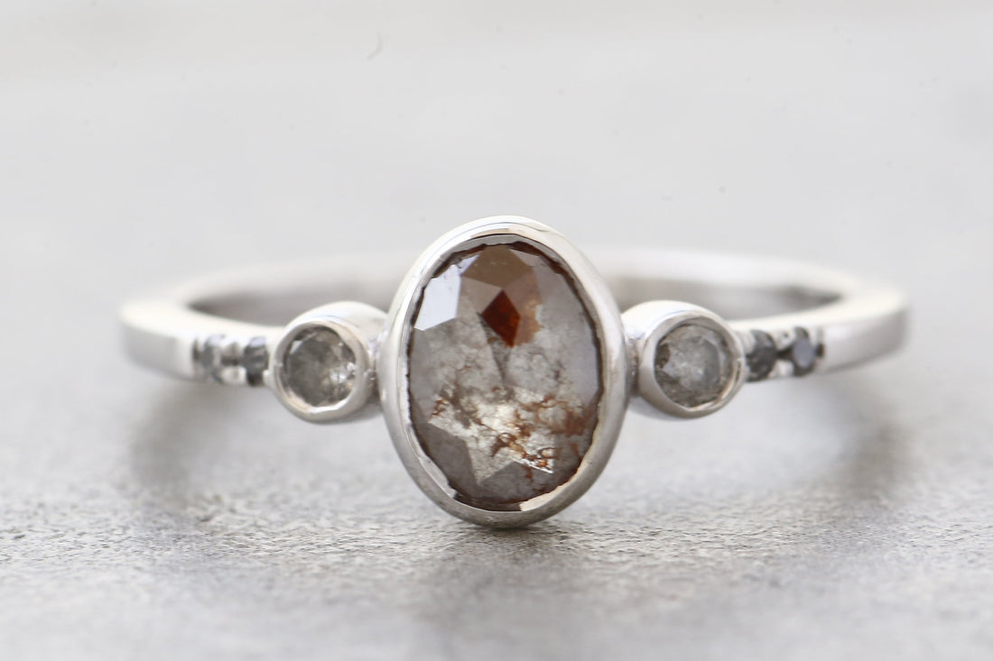 Salt and Pepper Diamond Ring, 14K Gold Engagement Ring, Natural Gray Oval Diamond Bezel Ring, Unique Gift for Her