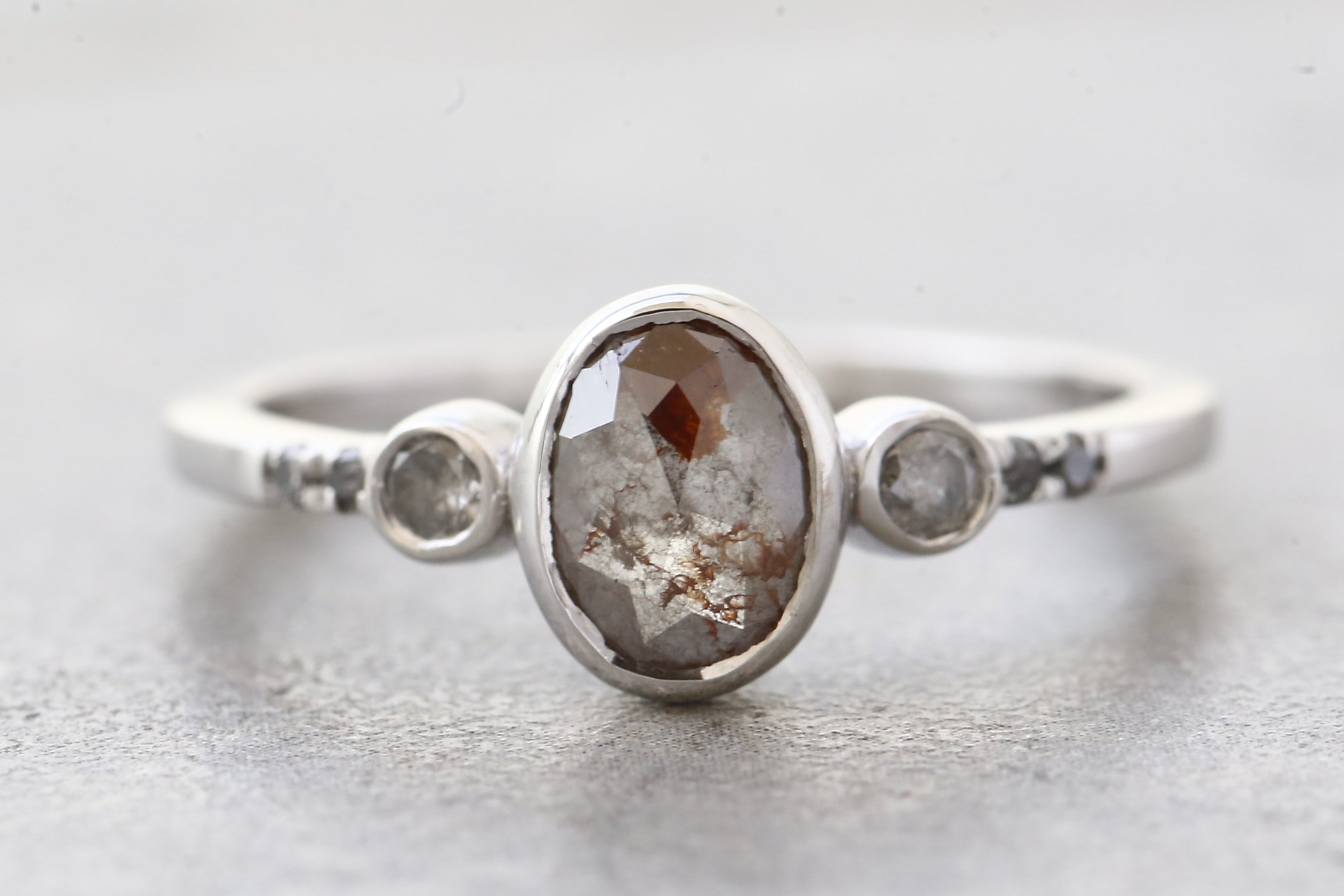 Salt and Pepper Diamond Ring, 14K Gold Engagement Ring, Natural Gray Oval Diamond Bezel Ring, Unique Gift for Her