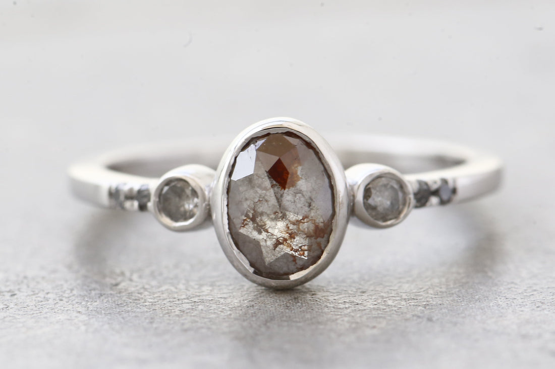 Salt and Pepper Diamond Ring, 14K Gold Engagement Ring, Natural Gray Oval Diamond Bezel Ring, Unique Gift for Her