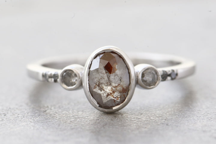 Salt and Pepper Diamond Ring, 14K Gold Engagement Ring, Natural Gray Oval Diamond Bezel Ring, Unique Gift for Her