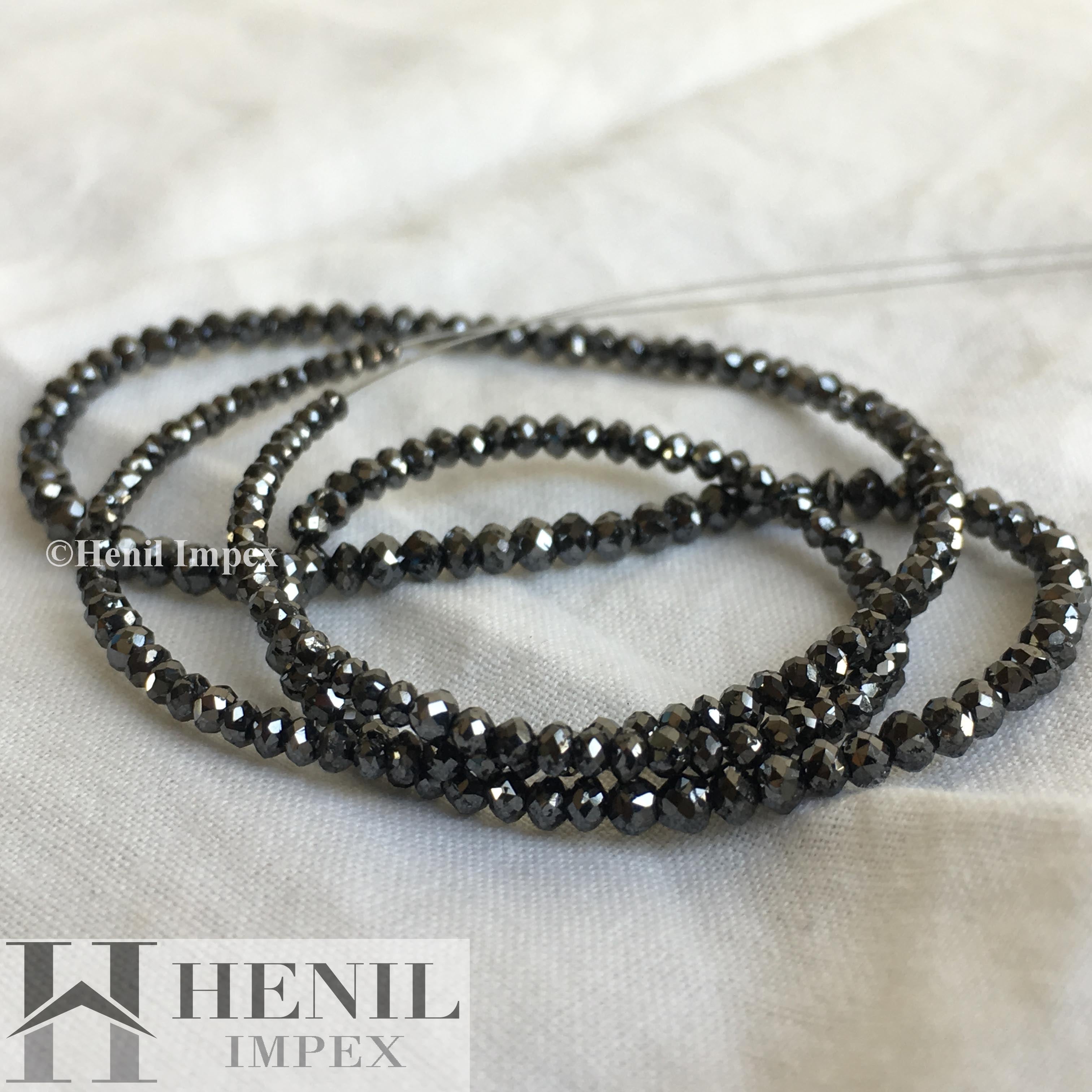 20.00 Ct 2.0 to 3.0 MM Natural Black Polished Loose Diamond Beads 16" Strand Necklace with Silver Clasp