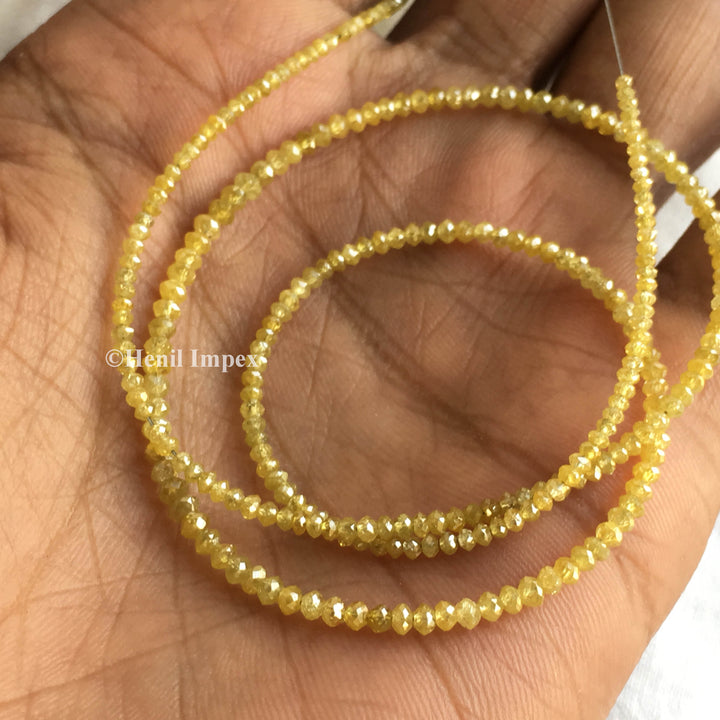 Natural Yellow Color Round Faceted Loose Diamond Beads 16" Long Strand Necklace 15.00 ct Beads Size 1.50 mm to 2.50 mm wt Yellow Gold Clasp