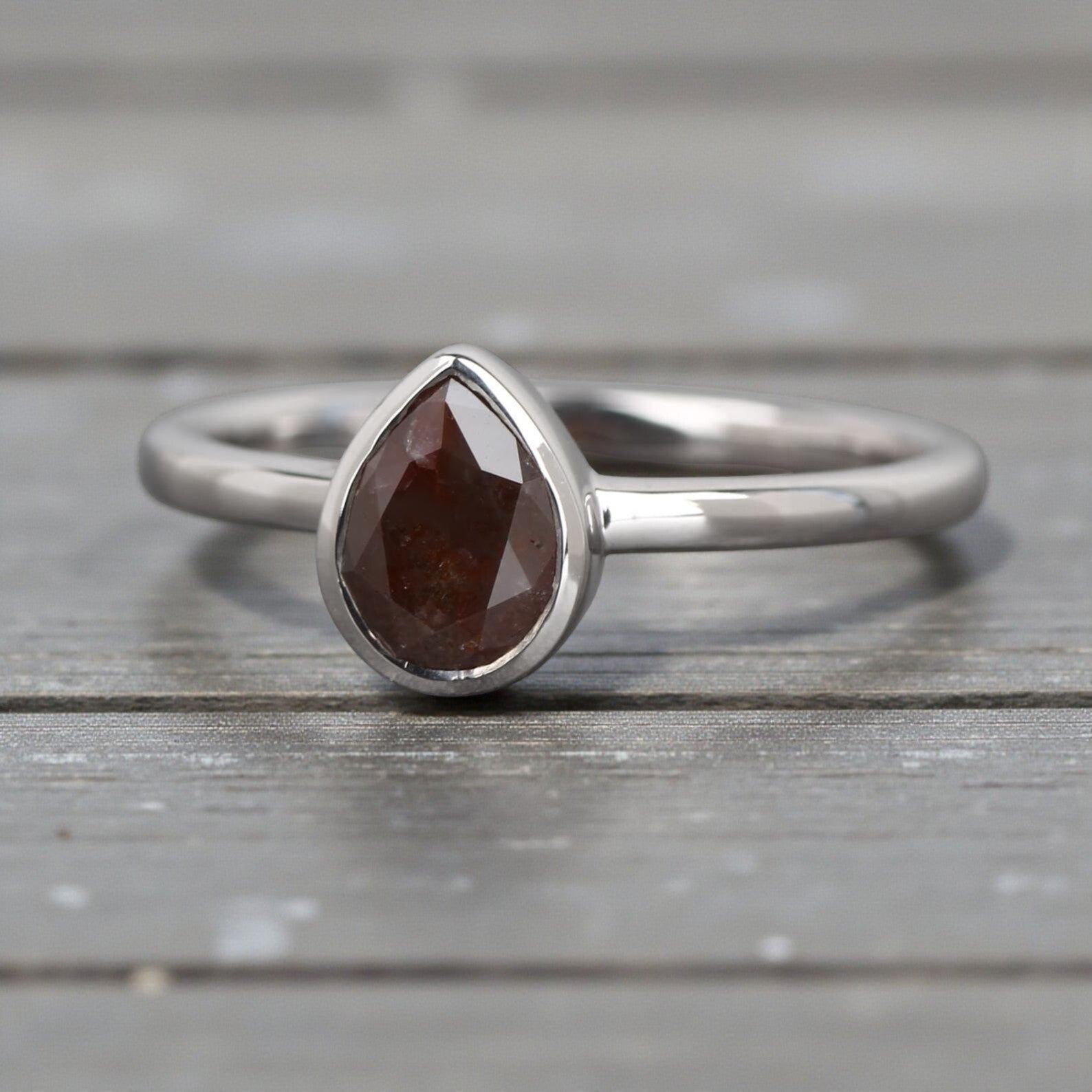 Pear Diamond Ring, 14K Gold Engagement Ring, Natural Brown Red Diamond Ring, Gift for Women