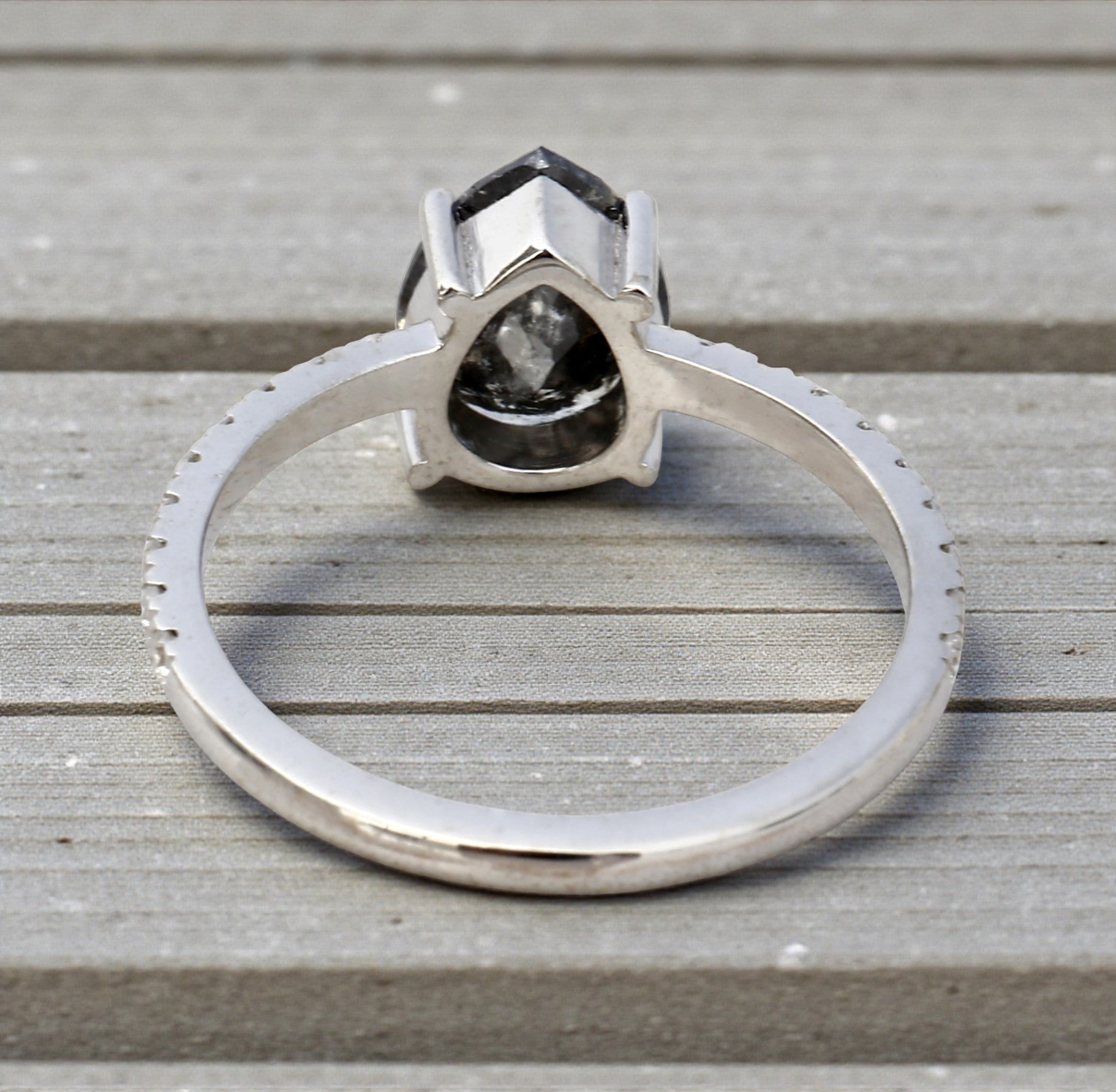 Salt and Pepper Diamond Ring, 14K Gold Engagement Ring, Natural Gray Pear Diamond Ring, Unique Gift for Her