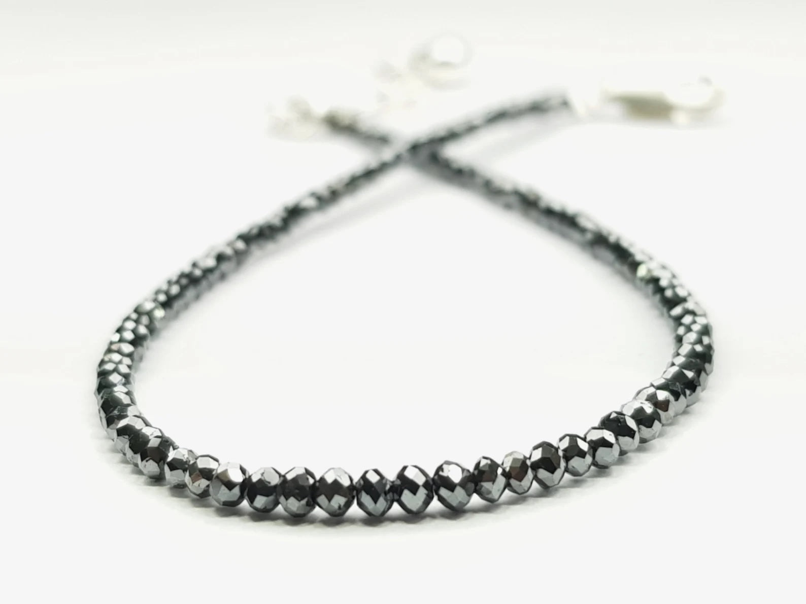 7.00 Ct Natural Black Round Loose Diamond Beads 6.50" Bracelet wt Silver Clasp