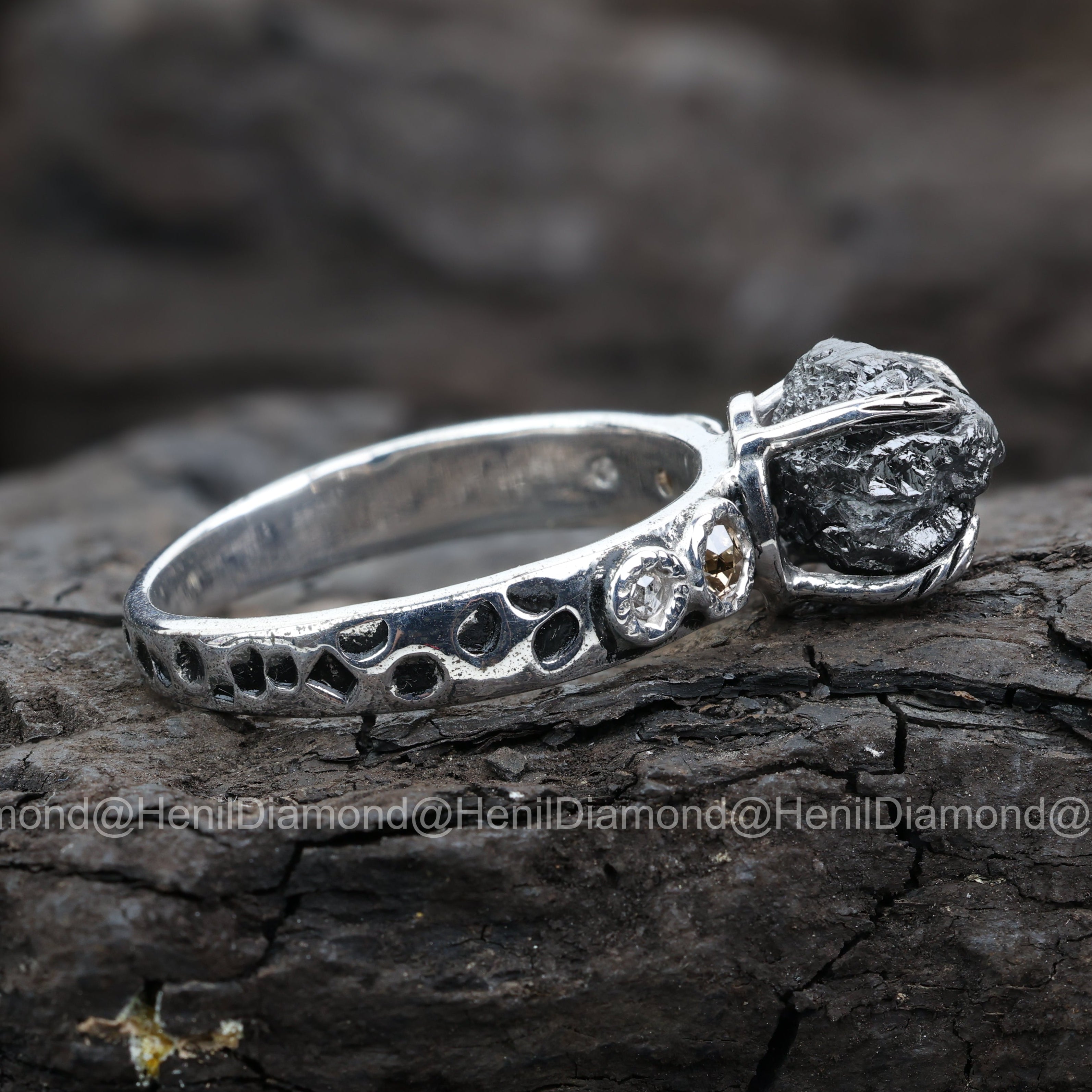 Raw Diamond Ring, 3.75 Ct Natural Black Rough Diamond 14k Gold Engagement Ring, Unique Gift for Her
