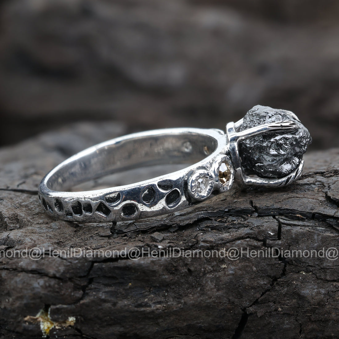 Raw Diamond Ring, 3.75 Ct Natural Black Rough Diamond 14k Gold Engagement Ring, Unique Gift for Her