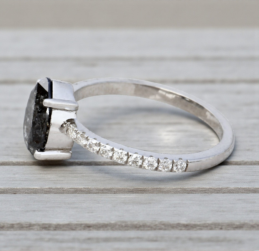 Salt and Pepper Diamond Ring, 14K Gold Engagement Ring, Natural Gray Pear Diamond Ring, Unique Gift for Her