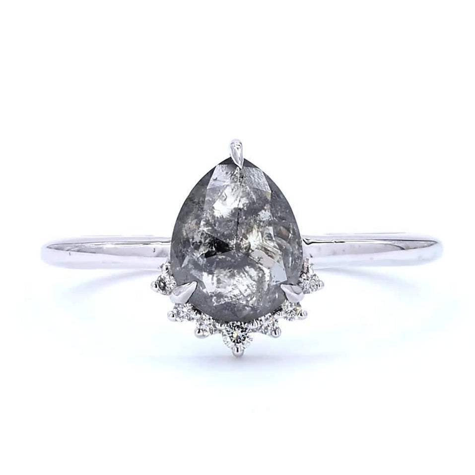 Salt and Pepper Diamond Ring, 14K Gold Engagement Ring, Natural Pear Gray Diamond Wedding Ring, Gift for Her