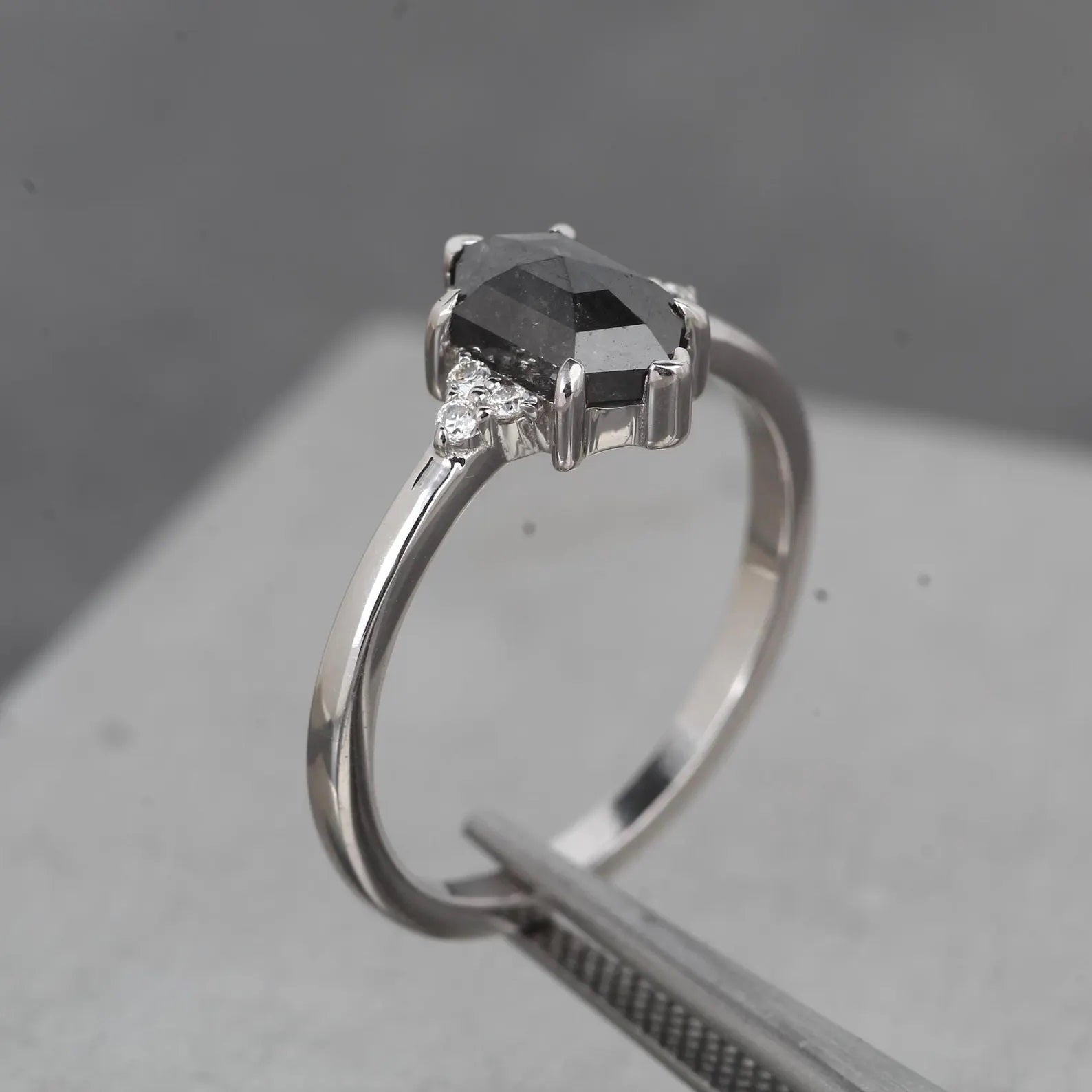 Salt and Pepper Diamond Ring, 14K Gold Engagement Ring, Natural Gray Hexagon Diamond Ring, Gift for Women