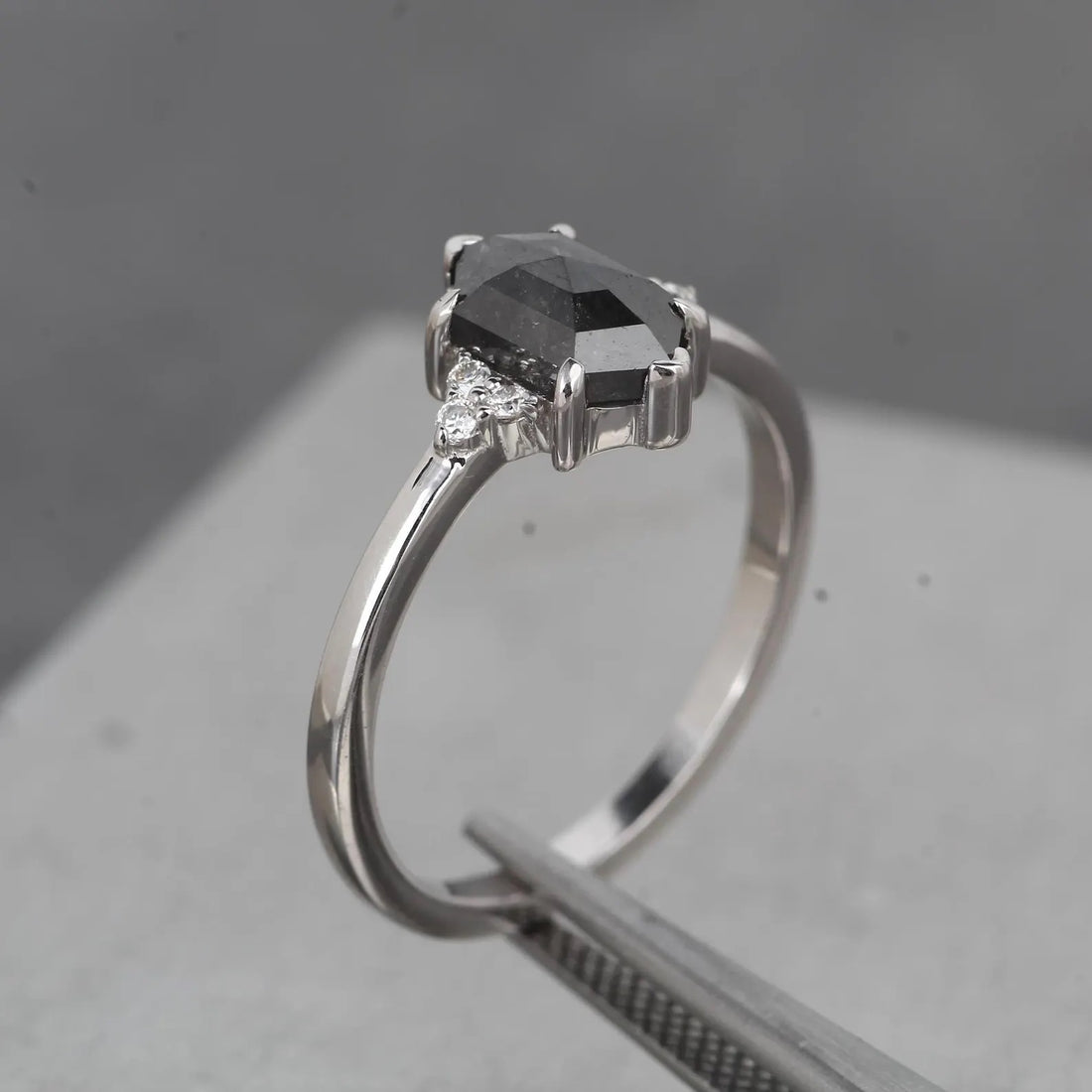 Salt and Pepper Diamond Ring, 14K Gold Engagement Ring, Natural Gray Hexagon Diamond Ring, Gift for Women