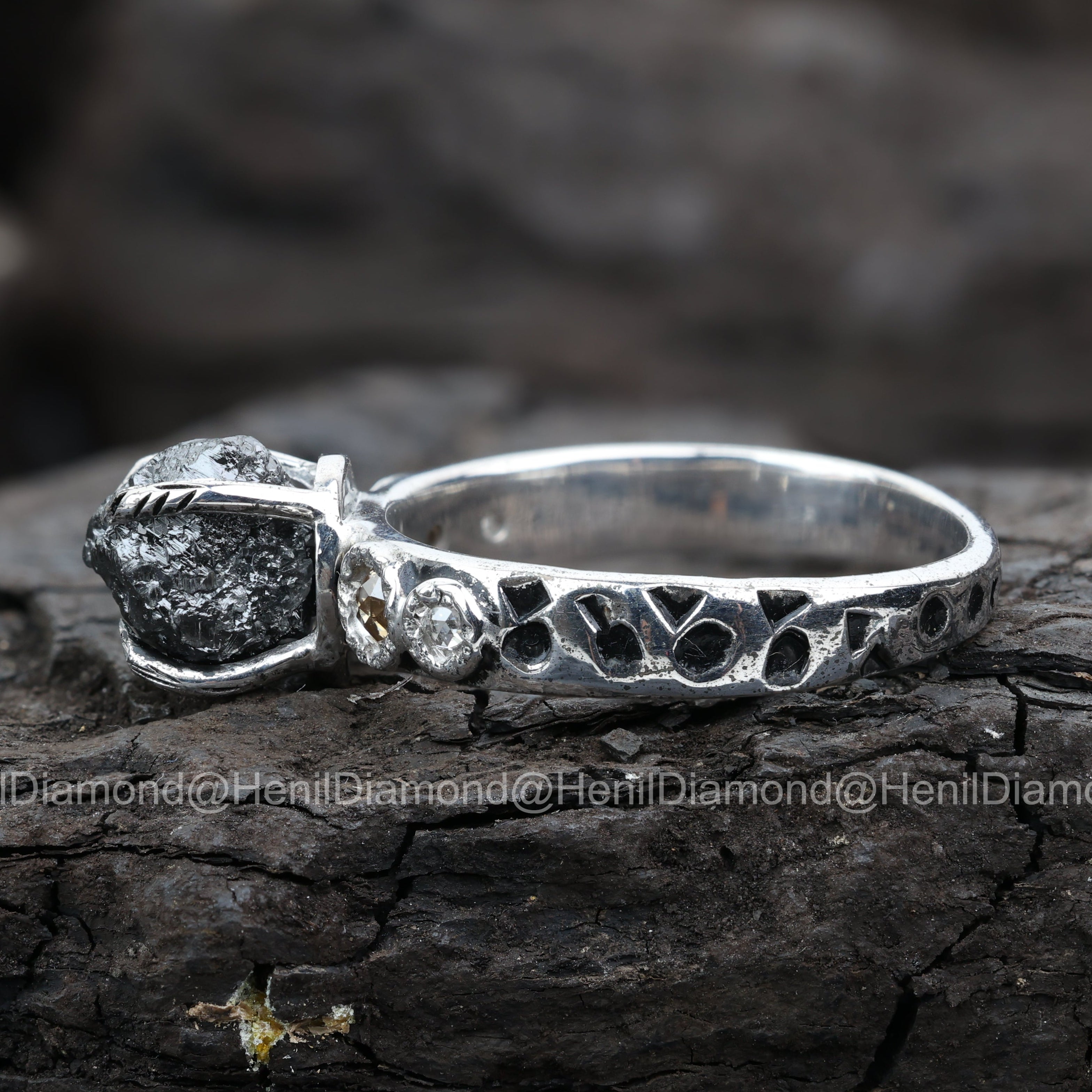 Raw Diamond Ring, 3.75 Ct Natural Black Rough Diamond 14k Gold Engagement Ring, Unique Gift for Her