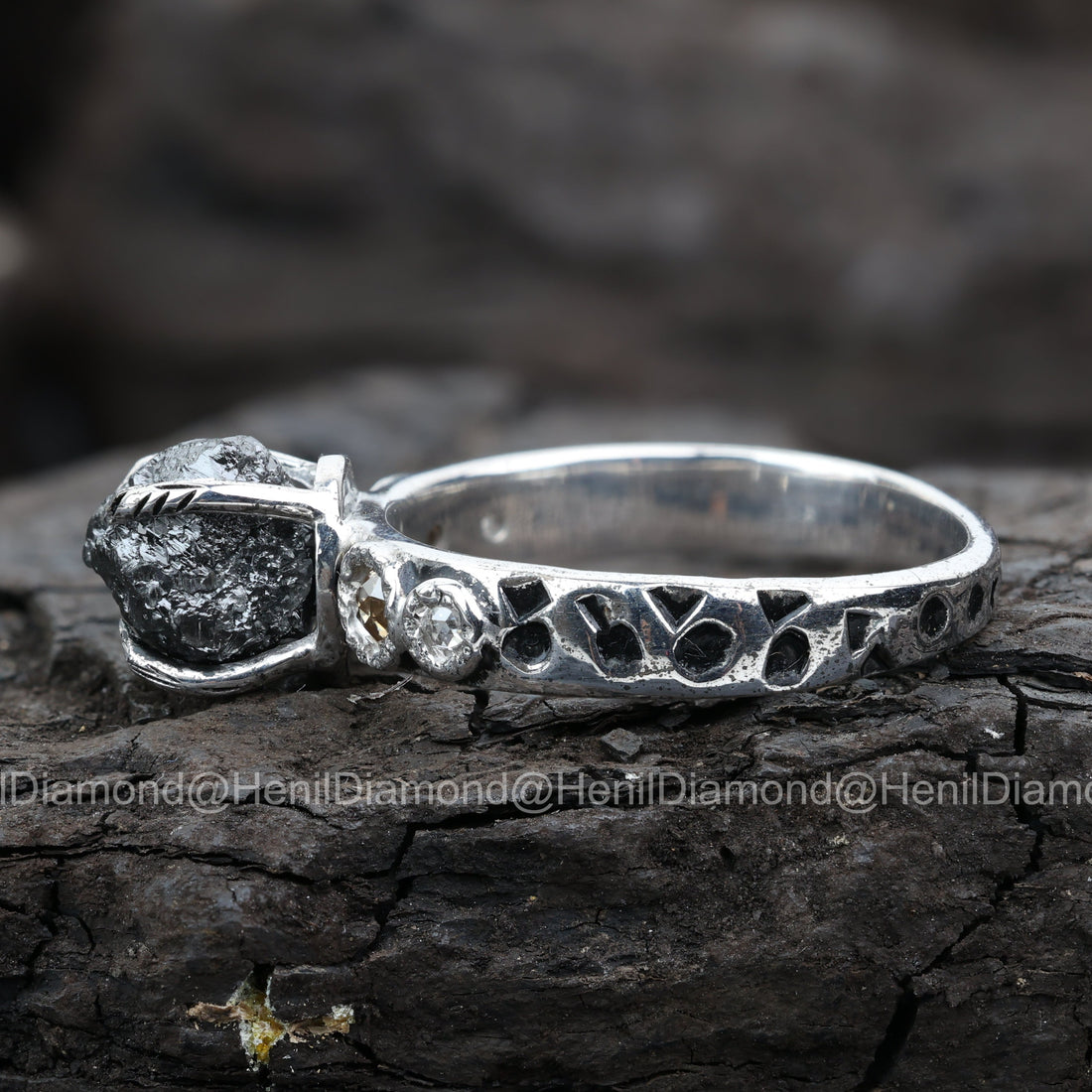 Raw Diamond Ring, 3.75 Ct Natural Black Rough Diamond 14k Gold Engagement Ring, Unique Gift for Her