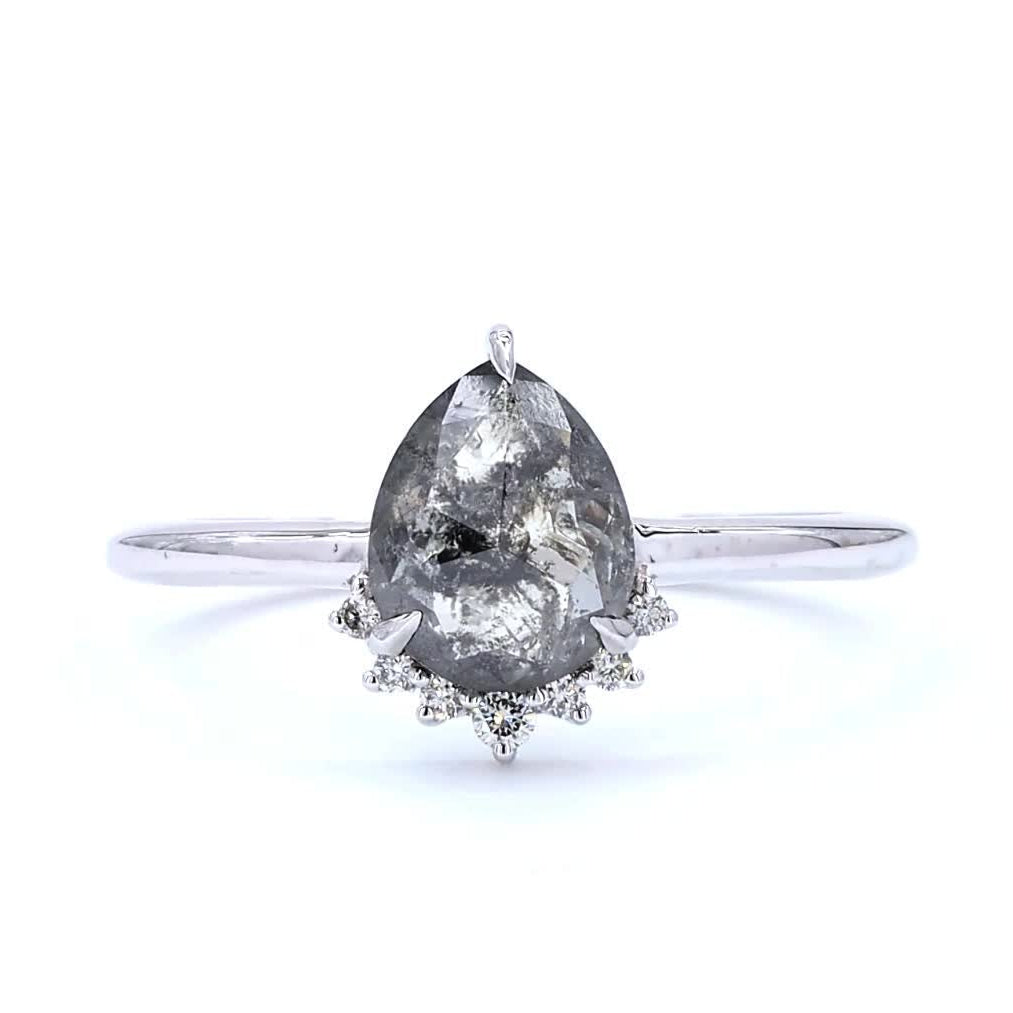 Salt and Pepper Diamond Ring, 14K Gold Engagement Ring, Natural Pear Gray Diamond Wedding Ring, Gift for Her