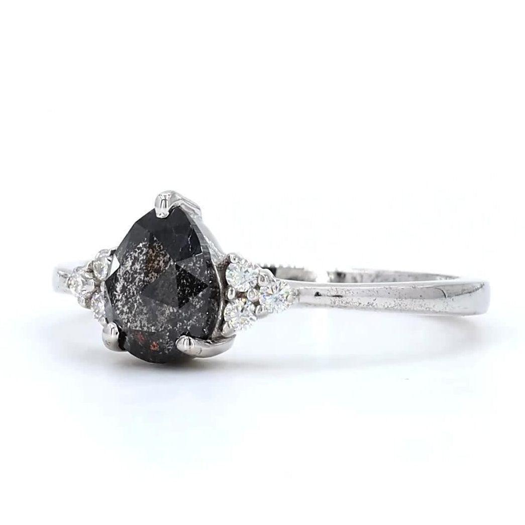 Salt and Pepper Diamond Ring, 14K Gold Engagement Ring, Natural Pear Gray Diamond Wedding Ring