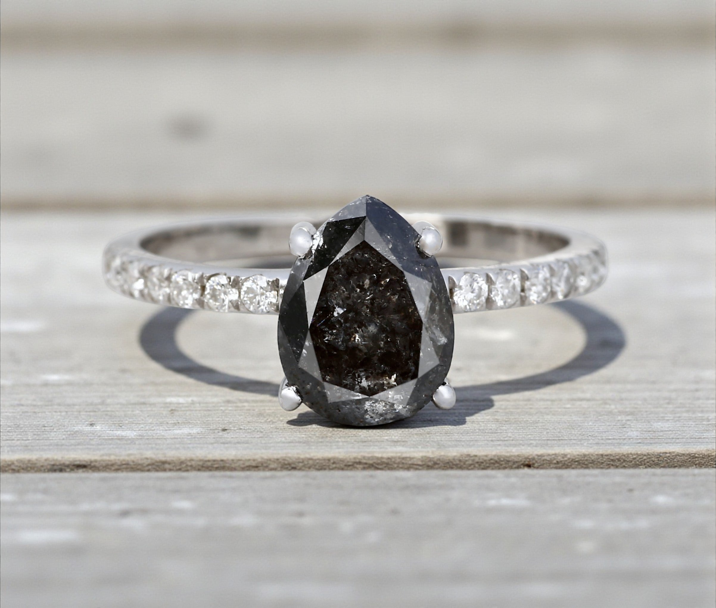 Salt and Pepper Diamond Ring, 14K Gold Engagement Ring, Natural Gray Pear Diamond Ring, Unique Gift for Her