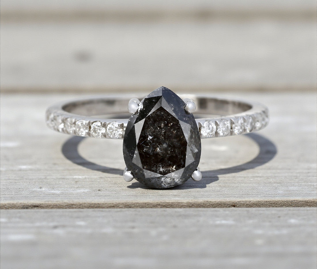 Salt and Pepper Diamond Ring, 14K Gold Engagement Ring, Natural Gray Pear Diamond Ring, Unique Gift for Her