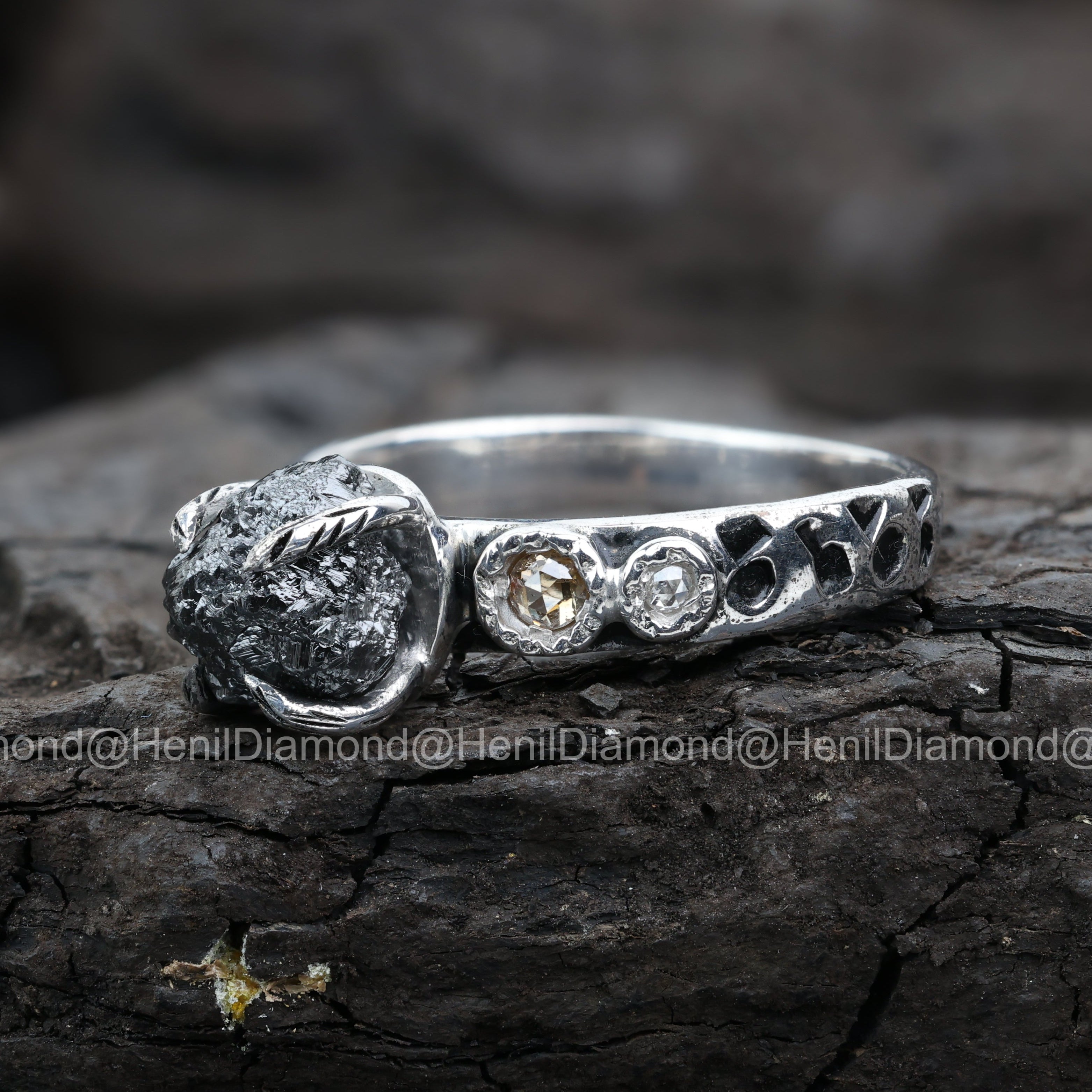Raw Diamond Ring, 3.75 Ct Natural Black Rough Diamond 14k Gold Engagement Ring, Unique Gift for Her