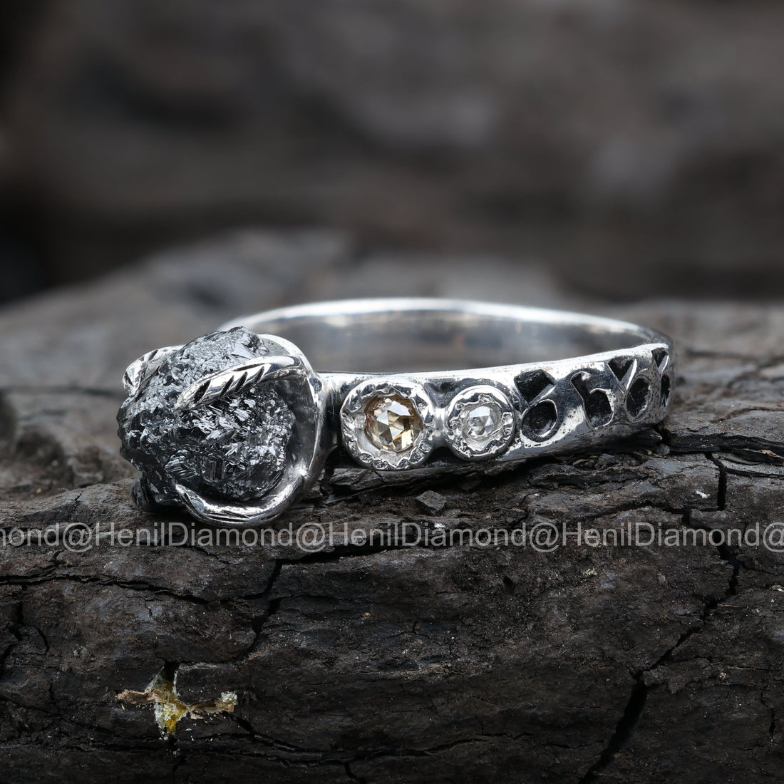 Raw Diamond Ring, 3.75 Ct Natural Black Rough Diamond 14k Gold Engagement Ring, Unique Gift for Her