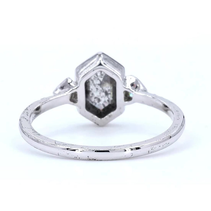 Salt and Pepper Diamond Ring, 14K Gold Engagement Ring, Natural Hexagon Gray Diamond Wedding Ring