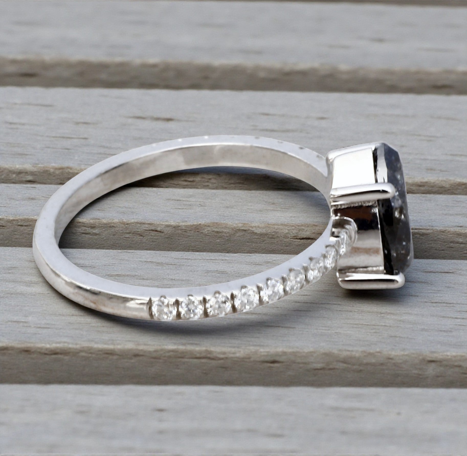 Salt and Pepper Diamond Ring, 14K Gold Engagement Ring, Natural Gray Pear Diamond Ring, Unique Gift for Her