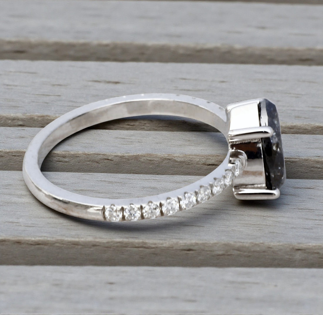 Salt and Pepper Diamond Ring, 14K Gold Engagement Ring, Natural Gray Pear Diamond Ring, Unique Gift for Her