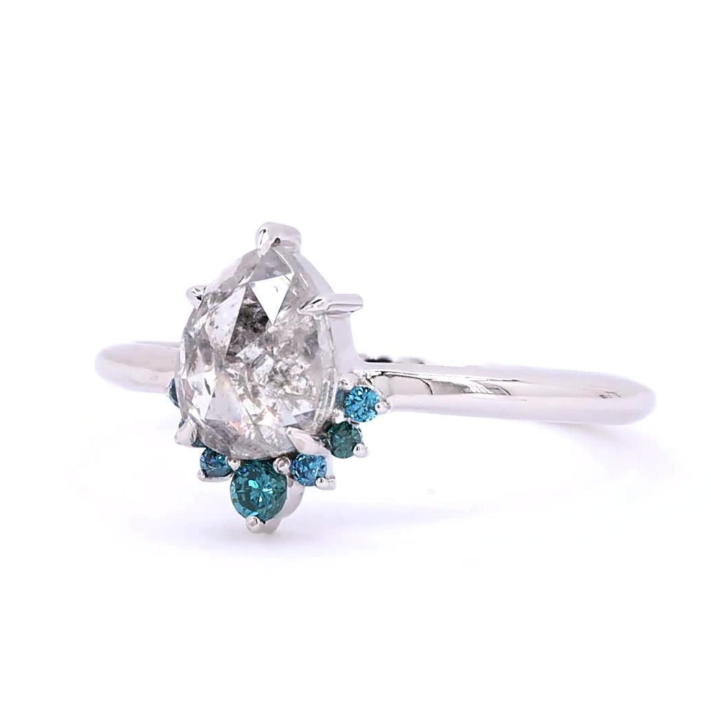 Salt and Pepper Diamond Ring, 14K Gold Engagement Ring, Natural Pear Gray Blue Diamond Wedding Ring