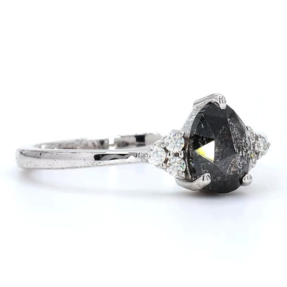 Salt and Pepper Diamond Ring, 14K Gold Engagement Ring, Natural Pear Gray Diamond Wedding Ring