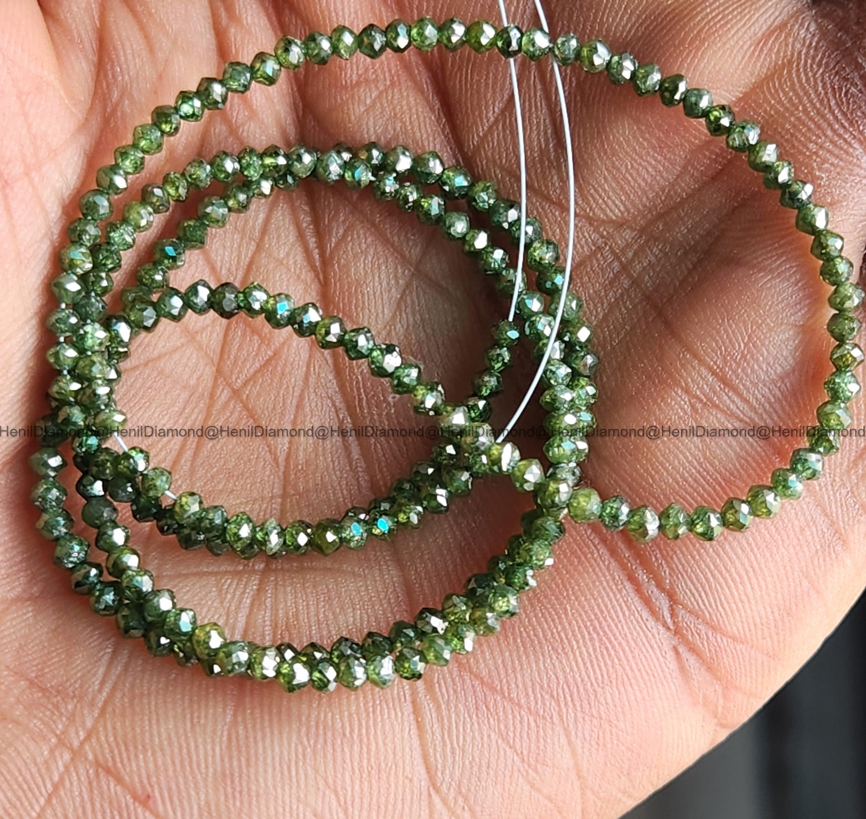 15.00 Ct 1.50-2.50 MM Natural Green Round Polished Loose Diamond Beads 16" Strand Necklace wt Silver Clasp