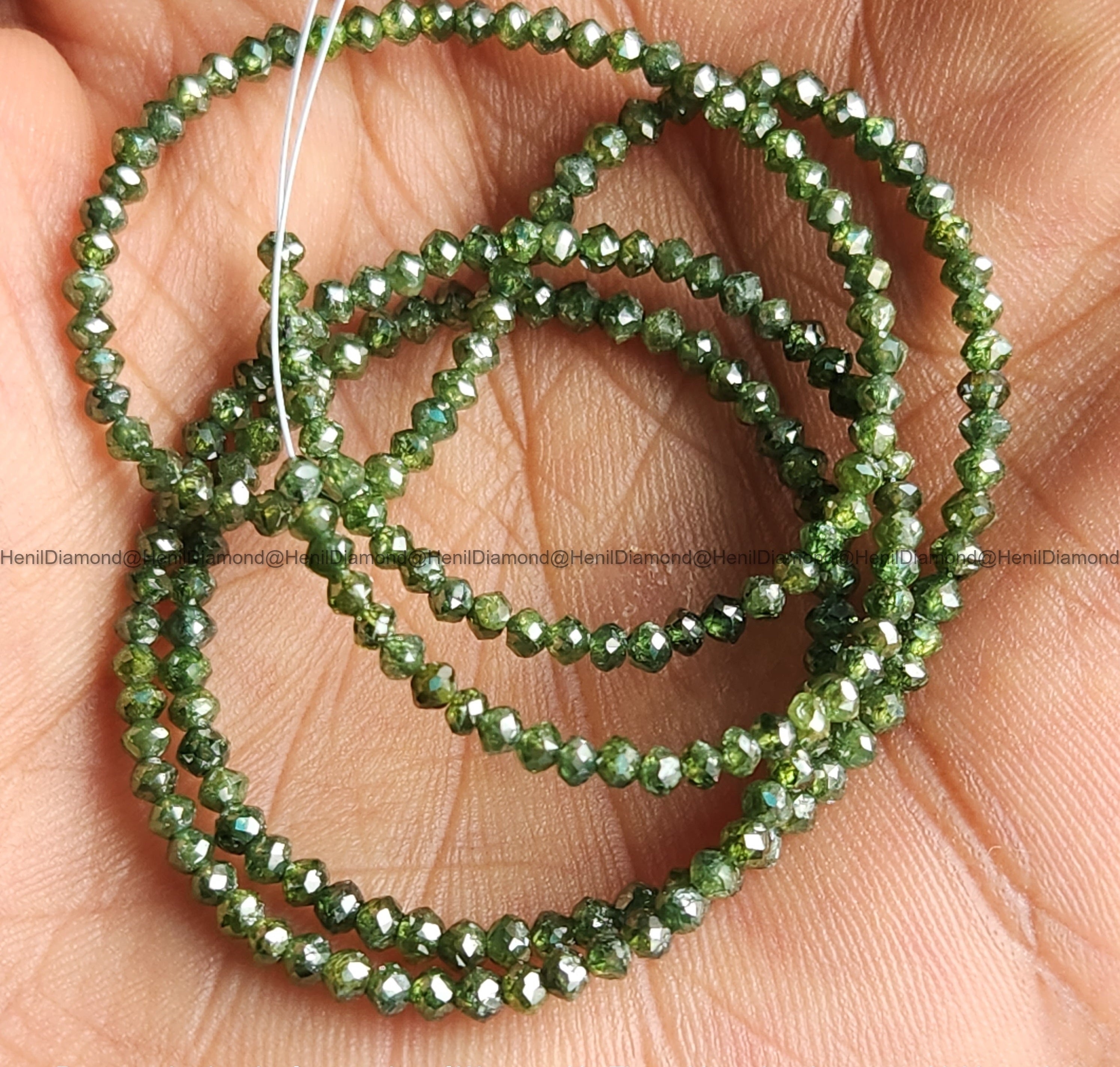 15.00 Ct 1.50-2.50 MM Natural Green Round Polished Loose Diamond Beads 16" Strand Necklace wt Silver Clasp