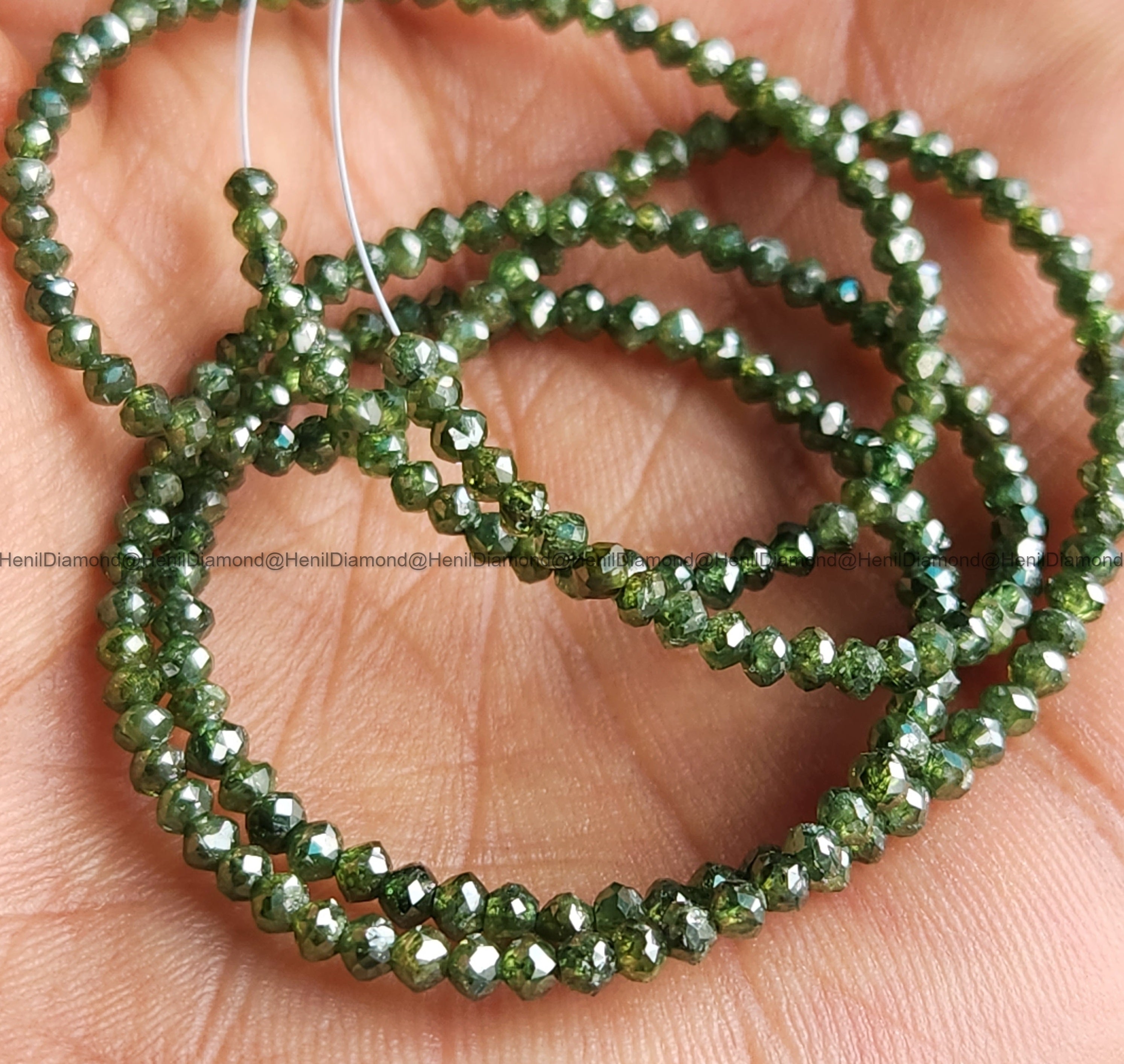 15.00 Ct 1.50-2.50 MM Natural Green Round Polished Loose Diamond Beads 16" Strand Necklace wt Silver Clasp