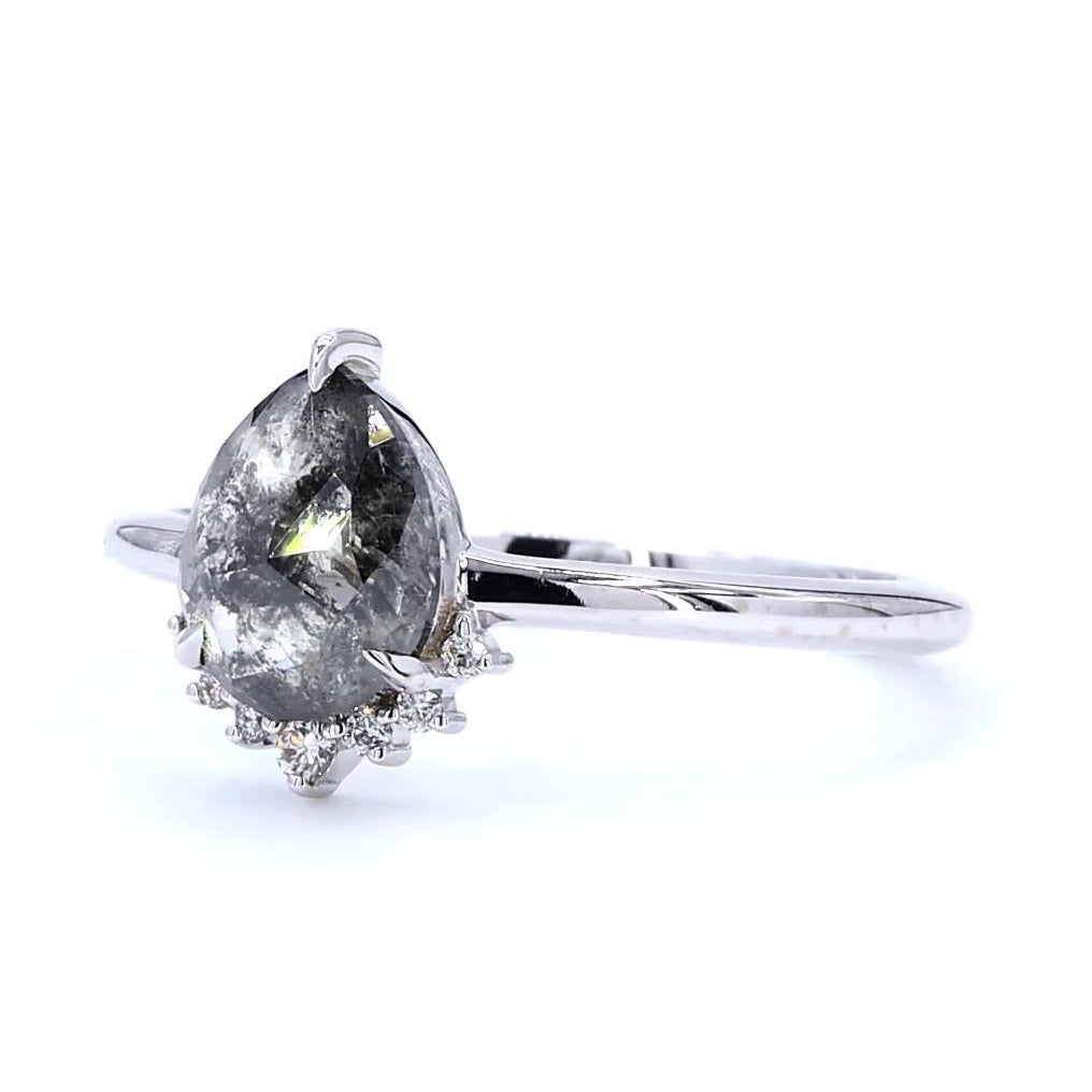 Salt and Pepper Diamond Ring, 14K Gold Engagement Ring, Natural Pear Gray Diamond Wedding Ring, Gift for Her