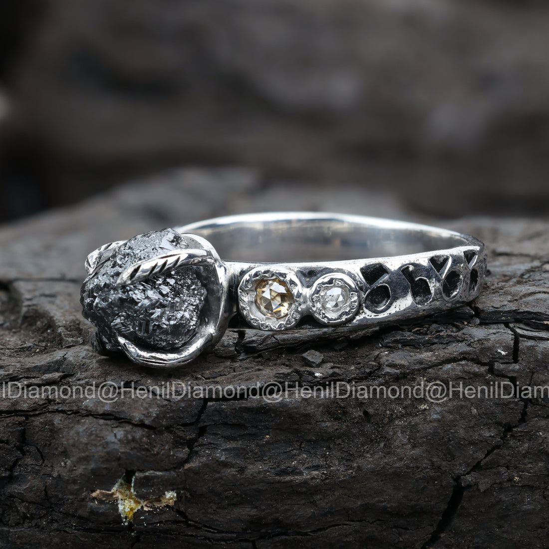 Raw Diamond Ring, 3.75 Ct Natural Black Rough Diamond 14k Gold Engagement Ring, Unique Gift for Her