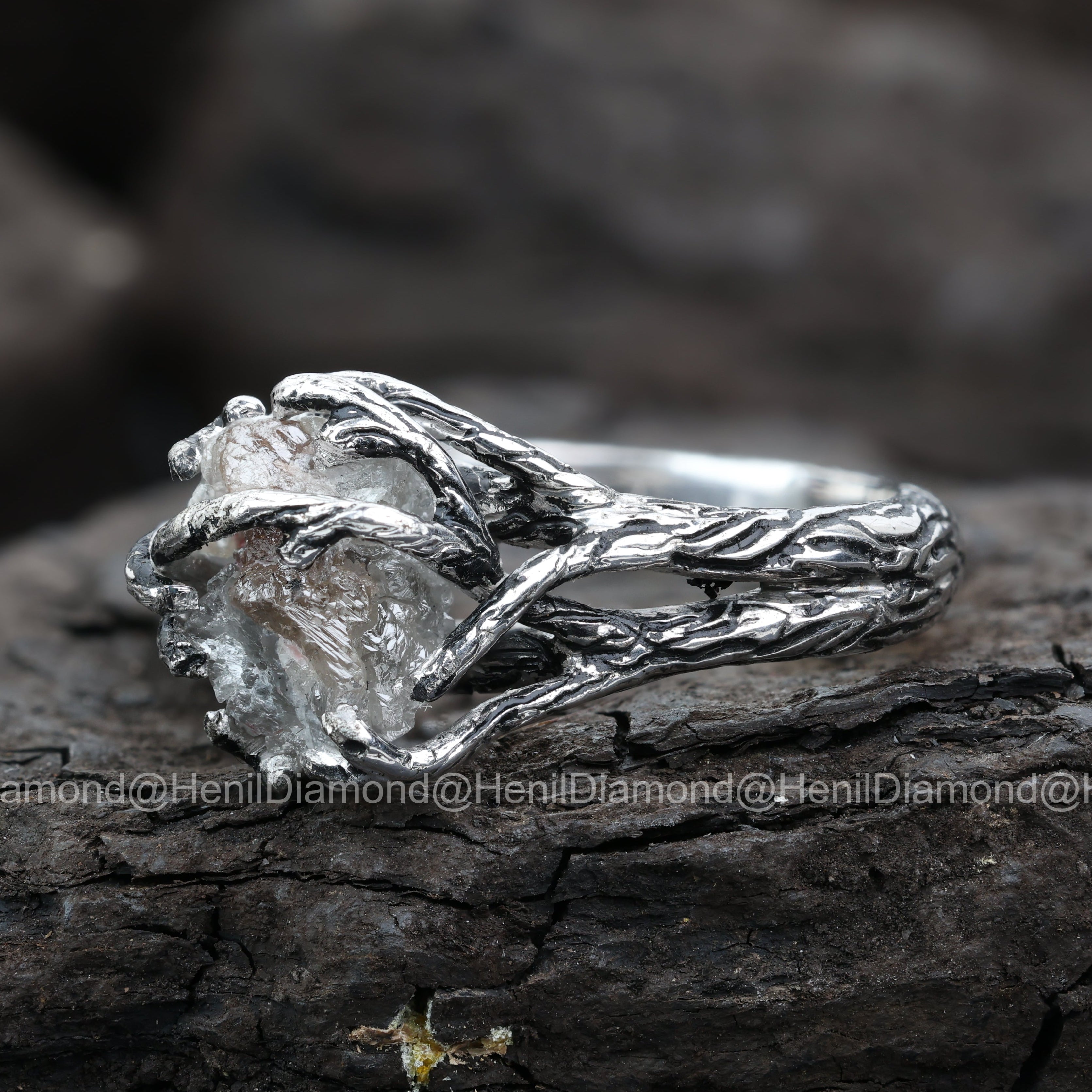 Raw Diamond Ring, 5.60 Ct Natural Black Rough Diamond 14k Gold Engagement Ring, Unique Gift for Her