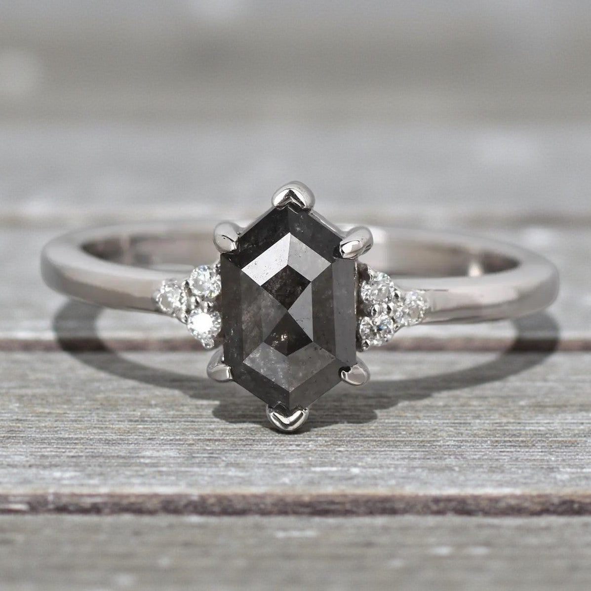 Salt and Pepper Diamond Ring, 14K Gold Engagement Ring, Natural Gray Hexagon Diamond Ring, Gift for Women