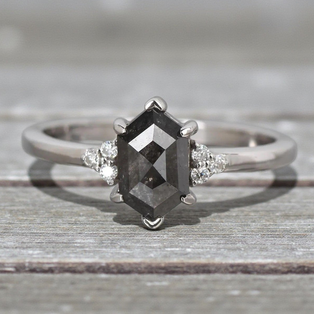 Salt and Pepper Diamond Ring, 14K Gold Engagement Ring, Natural Gray Hexagon Diamond Ring, Gift for Women