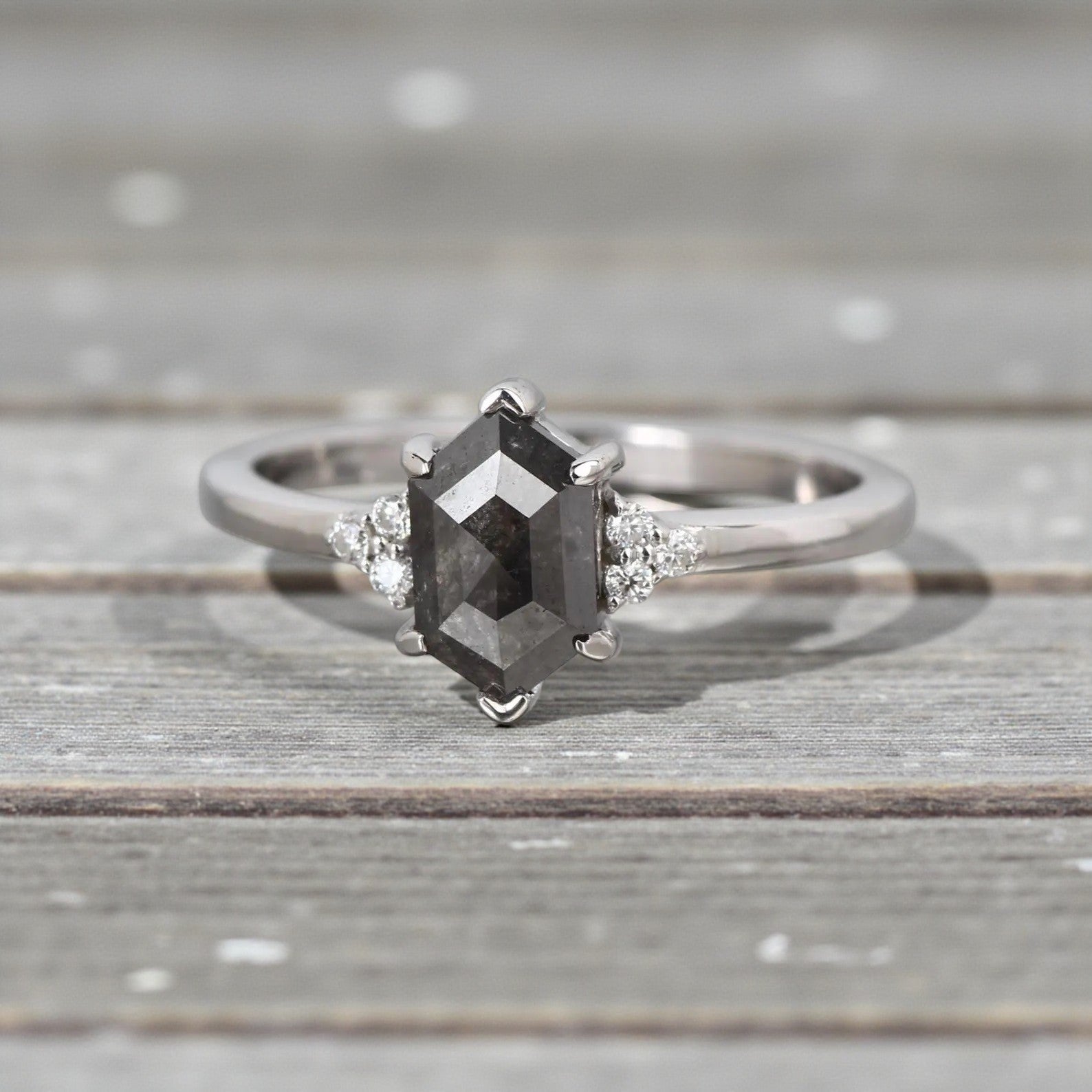 Salt and Pepper Diamond Ring, 14K Gold Engagement Ring, Natural Gray Hexagon Diamond Ring, Gift for Women