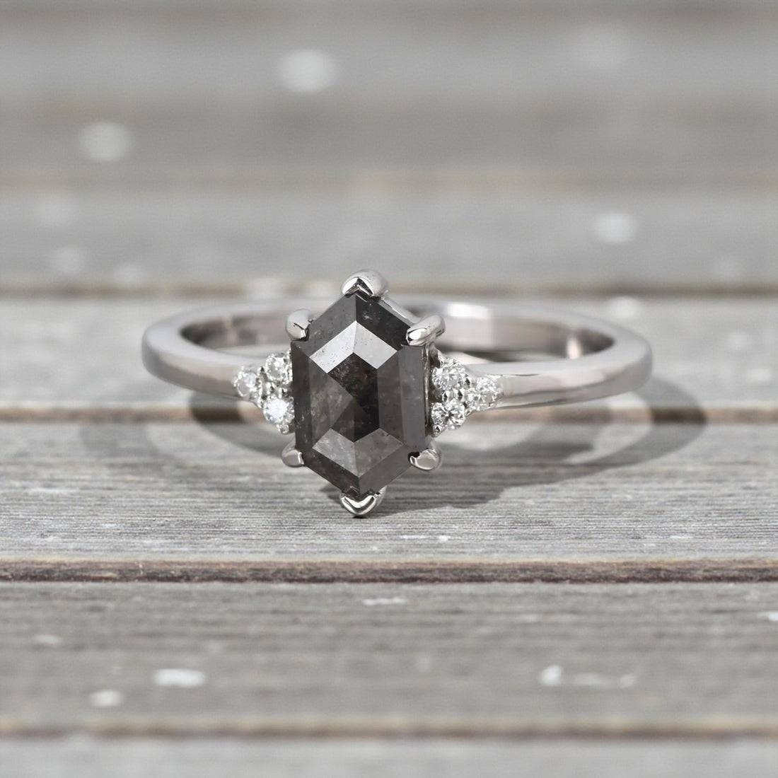 Salt and Pepper Diamond Ring, 14K Gold Engagement Ring, Natural Gray Hexagon Diamond Ring, Gift for Women