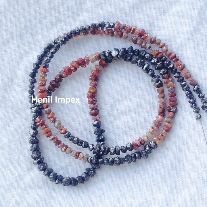 15.00 Ct Natural Red & Black Color Raw Uncut Rough Diamonds Beads 16" Necklace Strand with Silver Clasp