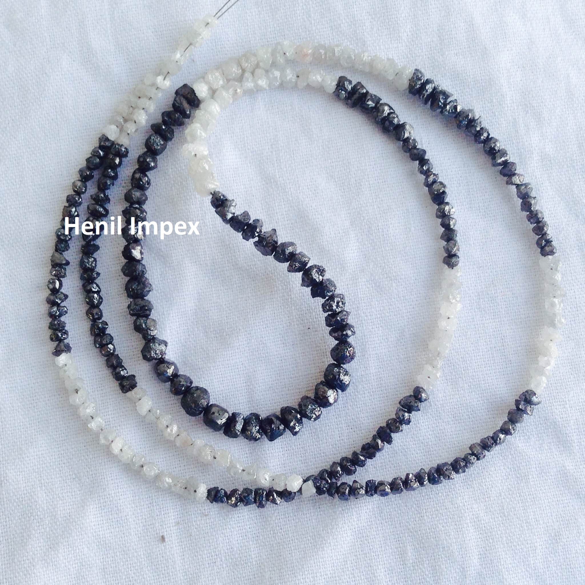 Natural White & Black Color Raw Uncut Rough Diamonds Beads 16" Necklace Strand Chain with Silver Clasp 20 Carat