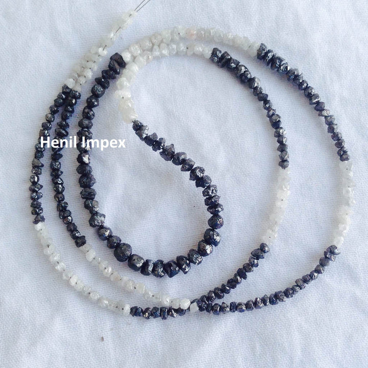 Natural White & Black Color Raw Uncut Rough Diamonds Beads 16" Necklace Strand Chain with Silver Clasp 20 Carat